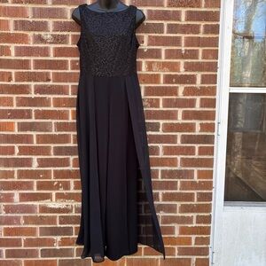 LONDON TIMES Sequin Lace Top Split Leg Jumpsuit in Black Size 8